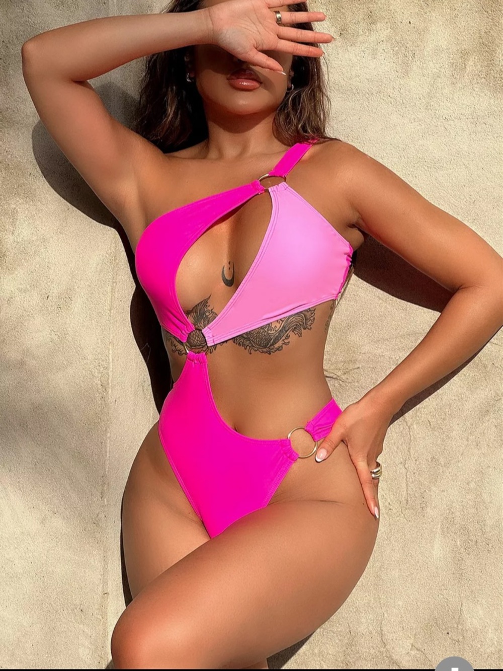 Hot Pink & Light Pink One-Shoulder Cutout Ring Detail One-Piece Swimsuit